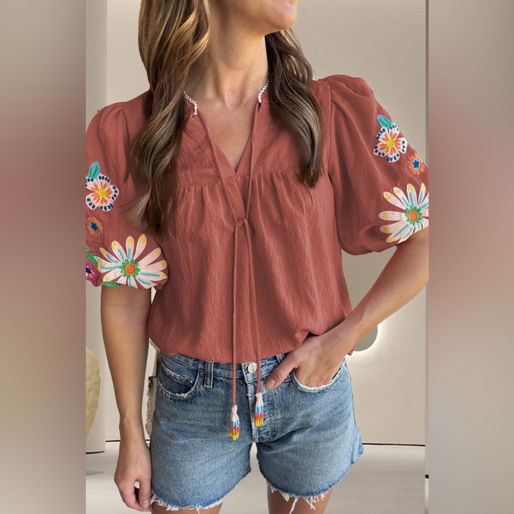 Rust Embroidered Tie Neck Half Sleeve Blouse